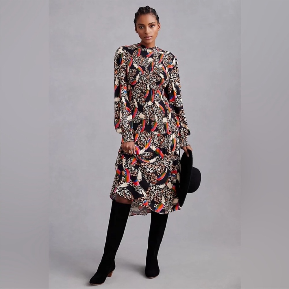 Farm Rio Puff-Sleeve Mock-Neck Midi Dress. Size medium
